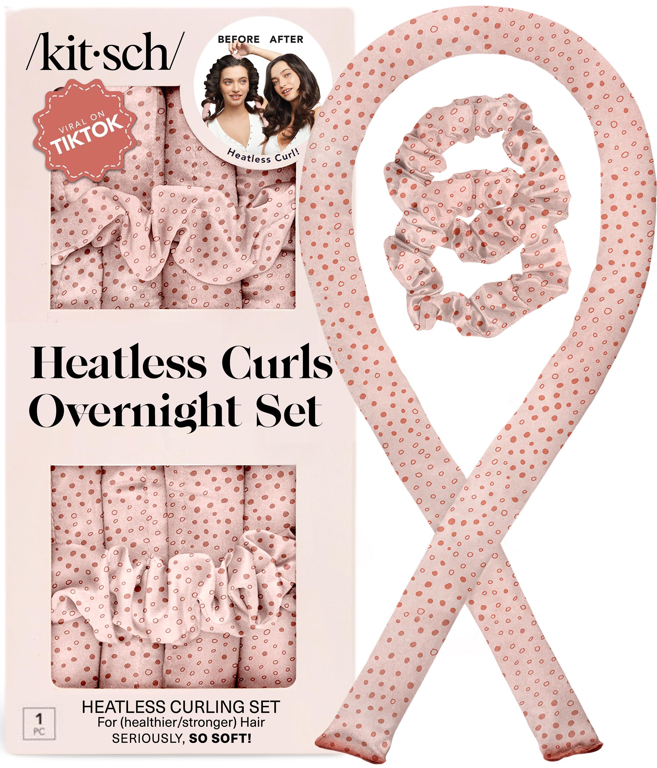Kitsch Satin Heatless Curls Overnight Set - Sunset Tie Dye | No Heat Damage Overnight Curls | Comfortable Frizz Free Hair Curlers To Sleep In with 34" Hair Waver & 2 Satin Scrunchies