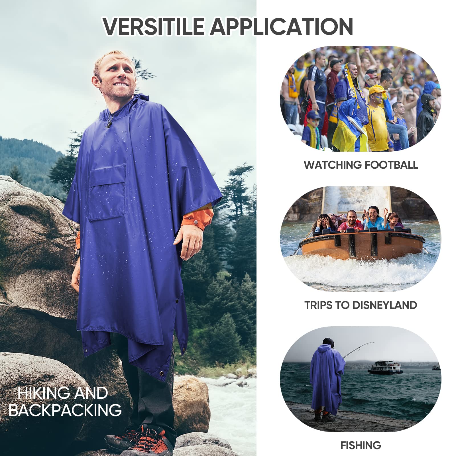 PTEROMY 3-in-1 Hooded Rain Poncho for Adult with Pocket, Waterproof Lightweight Unisex Raincoat for Hiking Camping Emergency