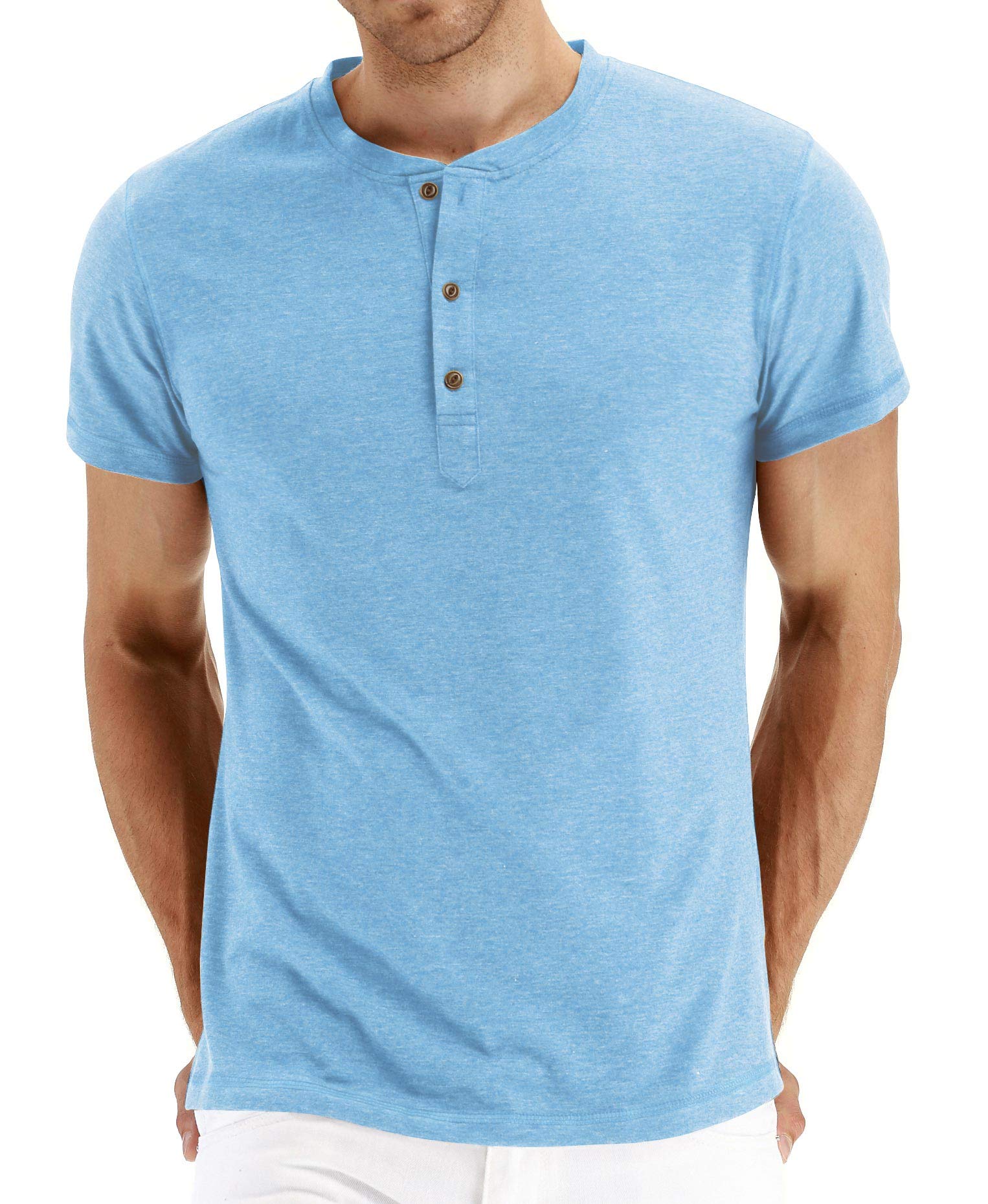 PEGENO Men's Fashion Casual Front Placket Short Sleeve Henley T-Shirts Cotton Shirts