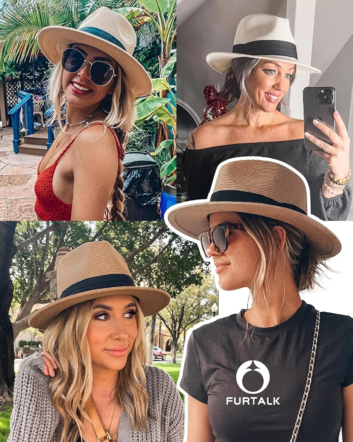 FURTALK Womens Mens Wide Brim Straw Panama Hat Fedora Summer Beach Sun Hat | Breathable Paper Straw, Classic Ribbon Trim, UPF Protection, Adjustable Band Inside, Chin Strap for Gusty Winds