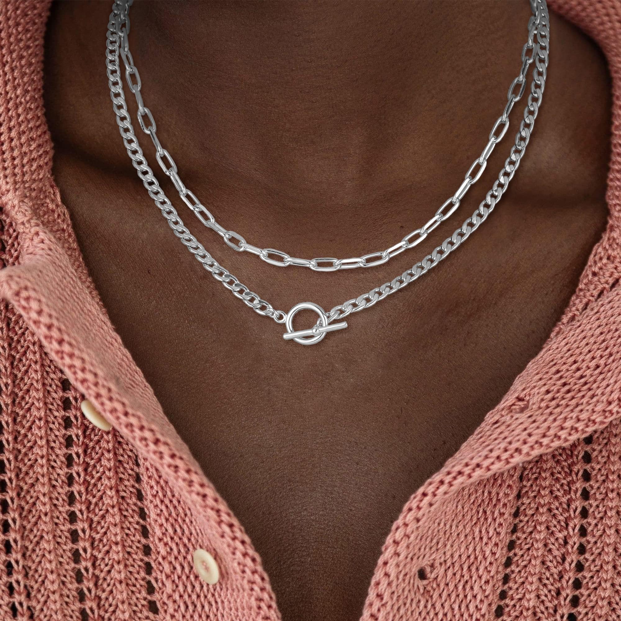 CHESKY 14K Gold Plated Layered Chain Necklace for Women | Trendy Cuban Link Chain, Chunky Paperclip Chain, Toggle Clasp Necklace, Fashion Gold Jewelry, Daily Gift for Women