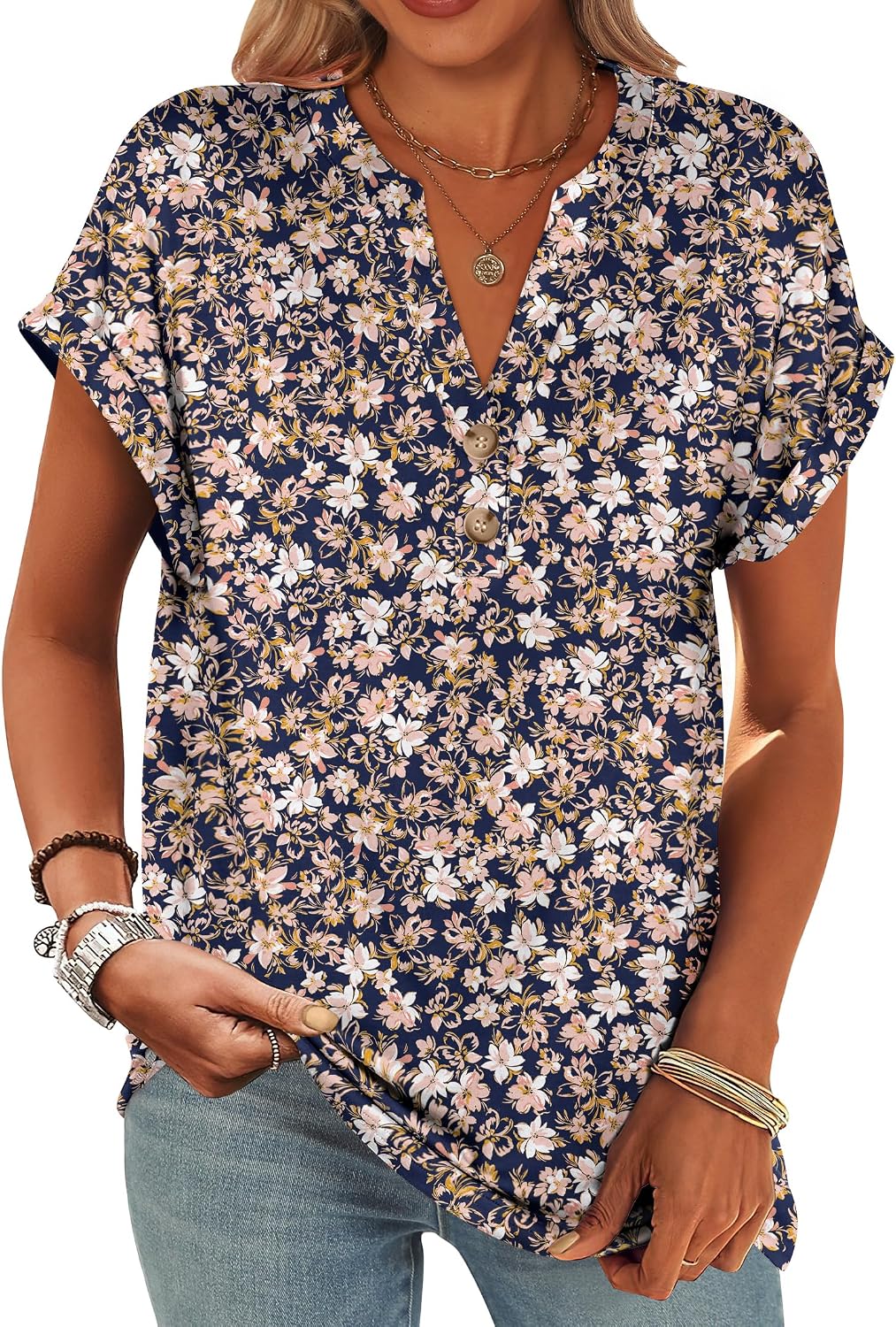 ANRABESS Womens Short Sleeve Henley Tops V Neck Dressy Casual Blouses Summer Trendy Tee Shirts 2026 Vacation Fashion Clothes
