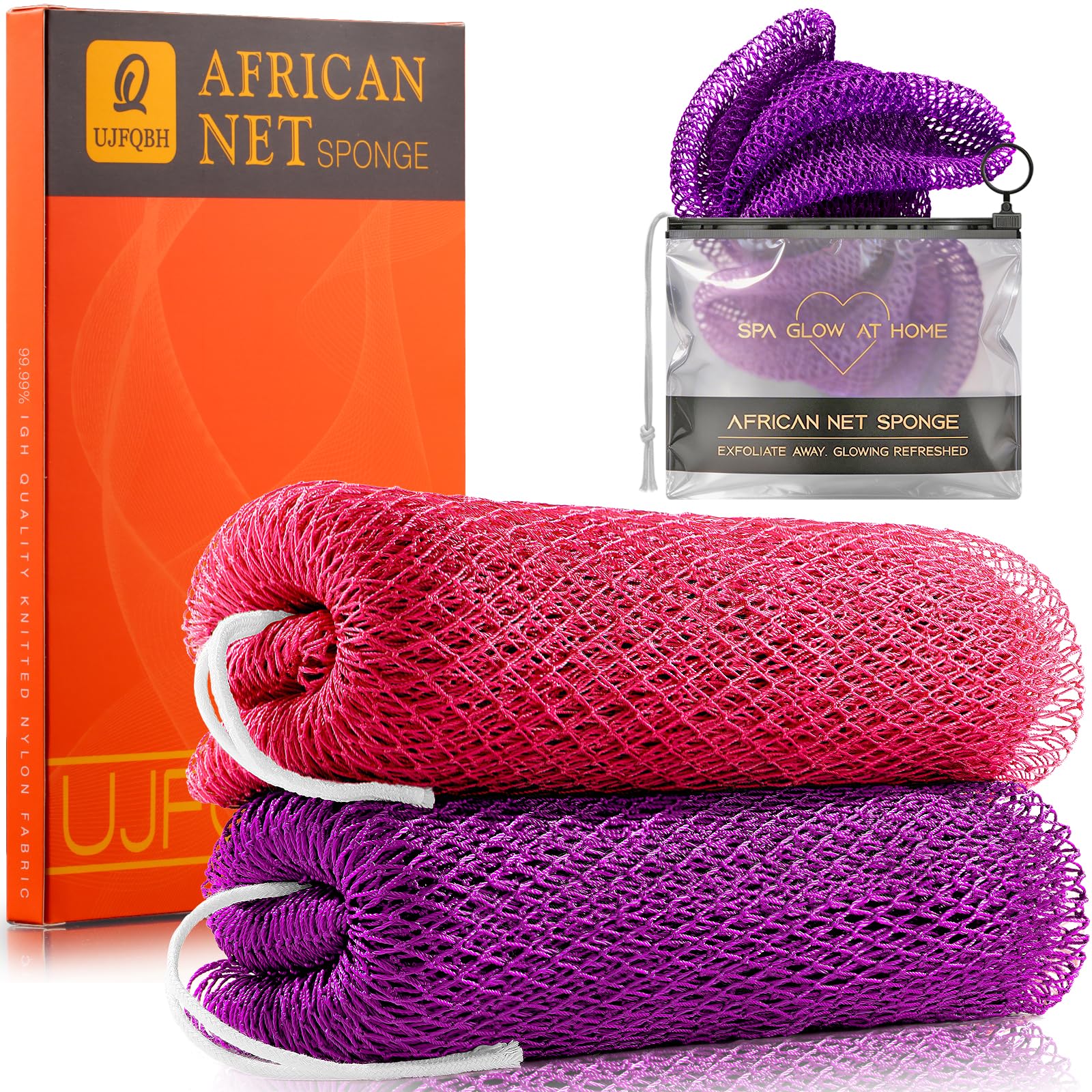 UJFQBH 3 Pieces African Bath Sponge African Net Long Net Bath Sponge Exfoliating Shower Body Scrubber Back Scrubber Skin Smoother,Great for Daily Use (Pink,Yellow,Purple)