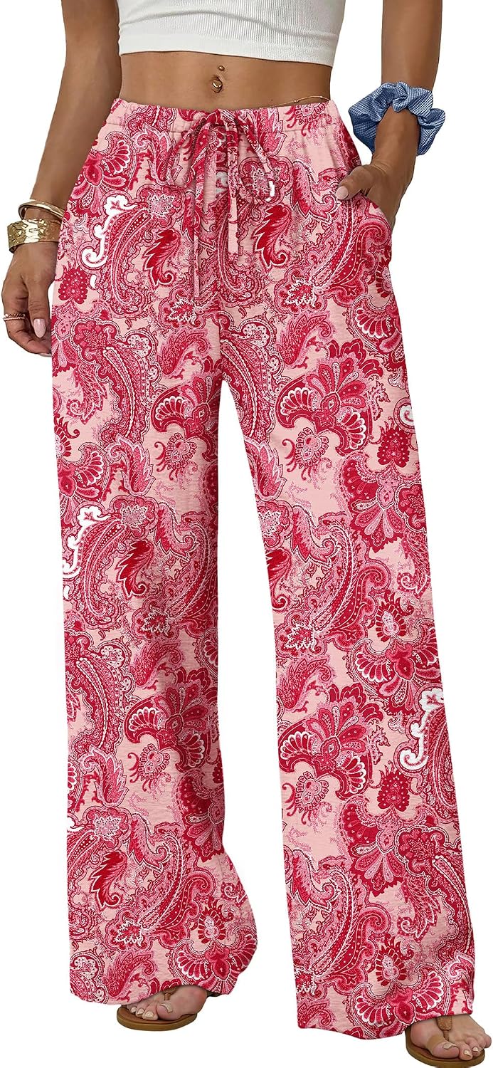 Sampeel Wide Leg Pants for Women Flowy Palazzo Drawstring Elastic Waist Trousers with Pockets Summer Beach Vacation Clothes