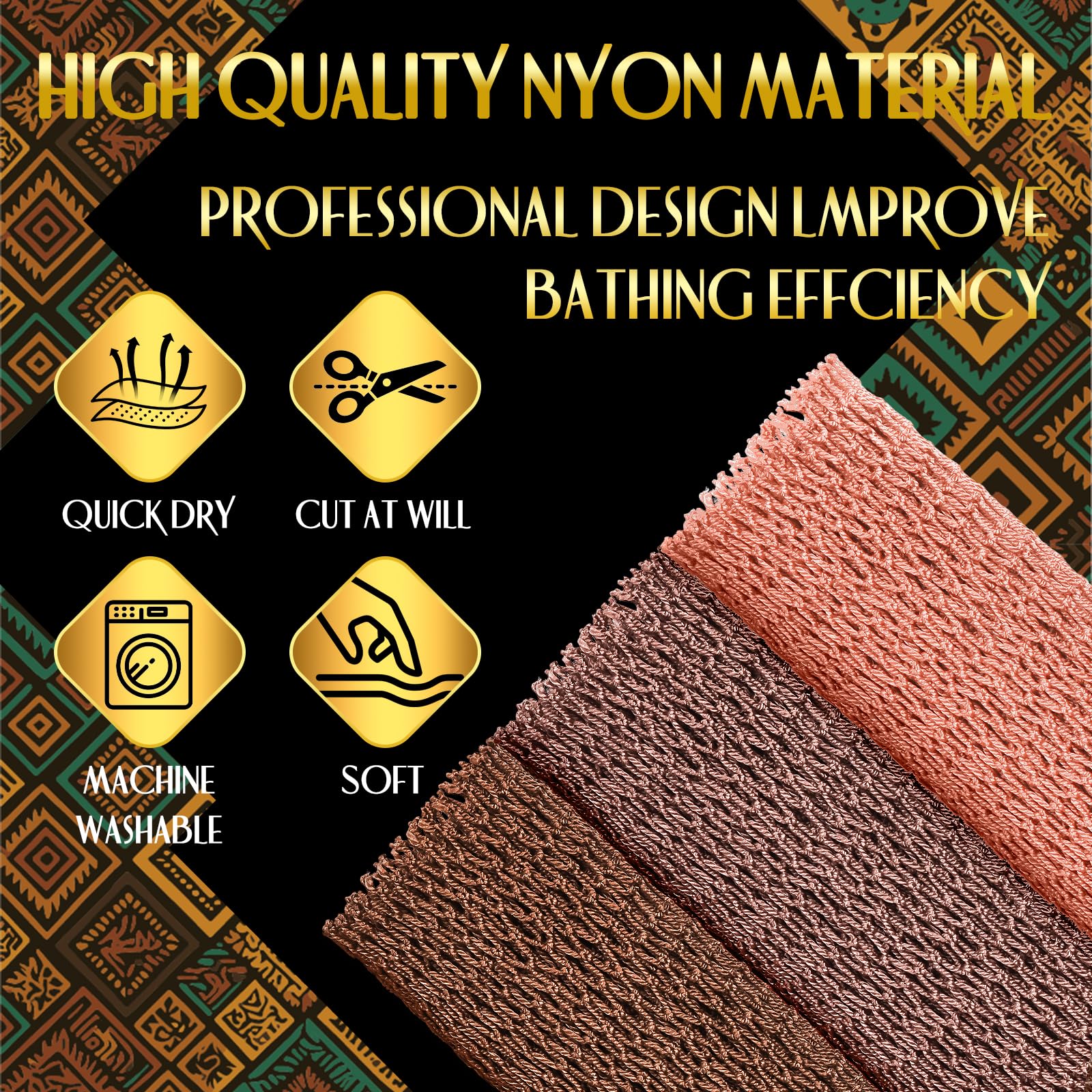 UJFQBH 3 Pieces African Bath Sponge African Net Long Net Bath Sponge Exfoliating Shower Body Scrubber Back Scrubber Skin Smoother,Great for Daily Use (Pink,Yellow,Purple)
