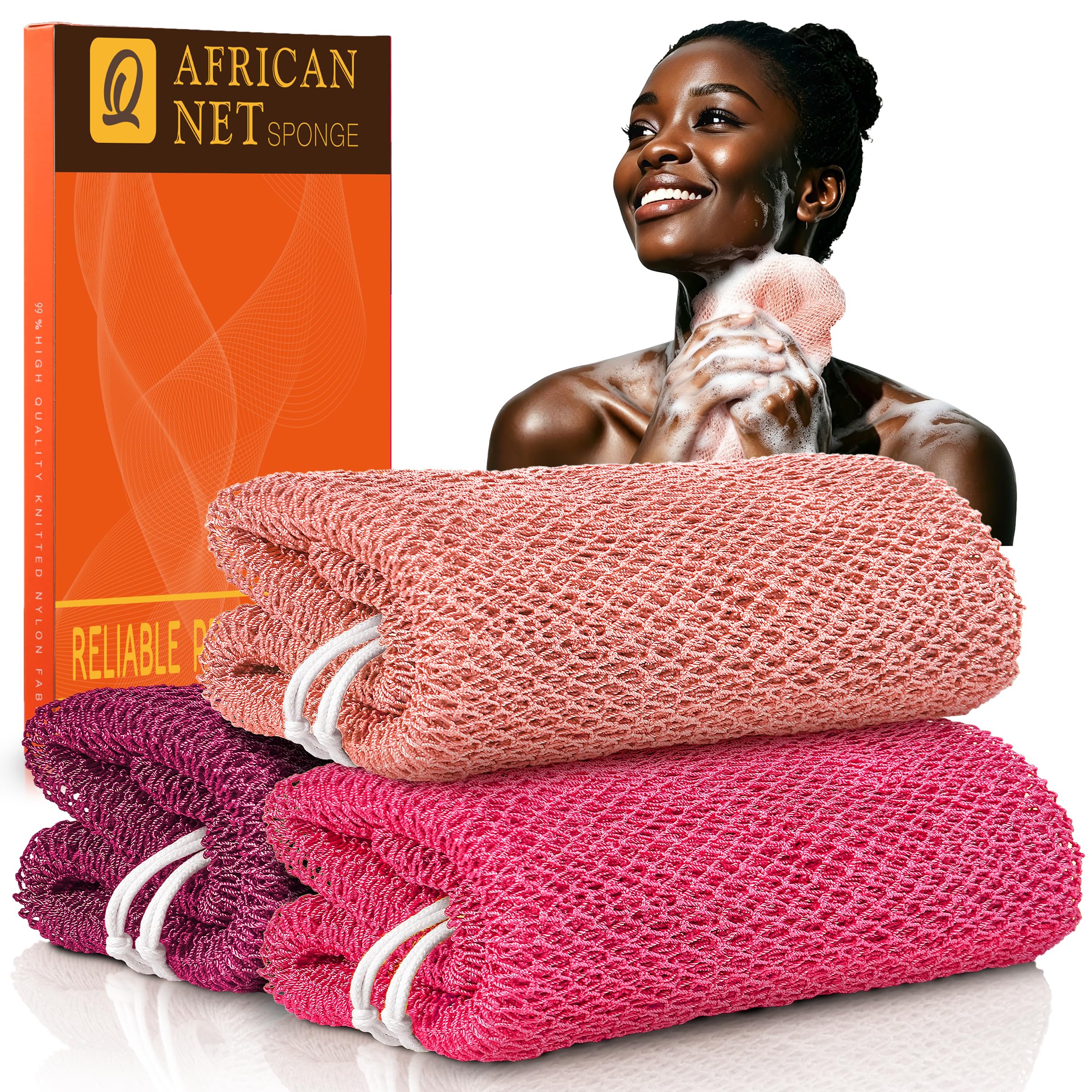 UJFQBH 3 Pieces African Bath Sponge African Net Long Net Bath Sponge Exfoliating Shower Body Scrubber Back Scrubber Skin Smoother,Great for Daily Use (Pink,Yellow,Purple)