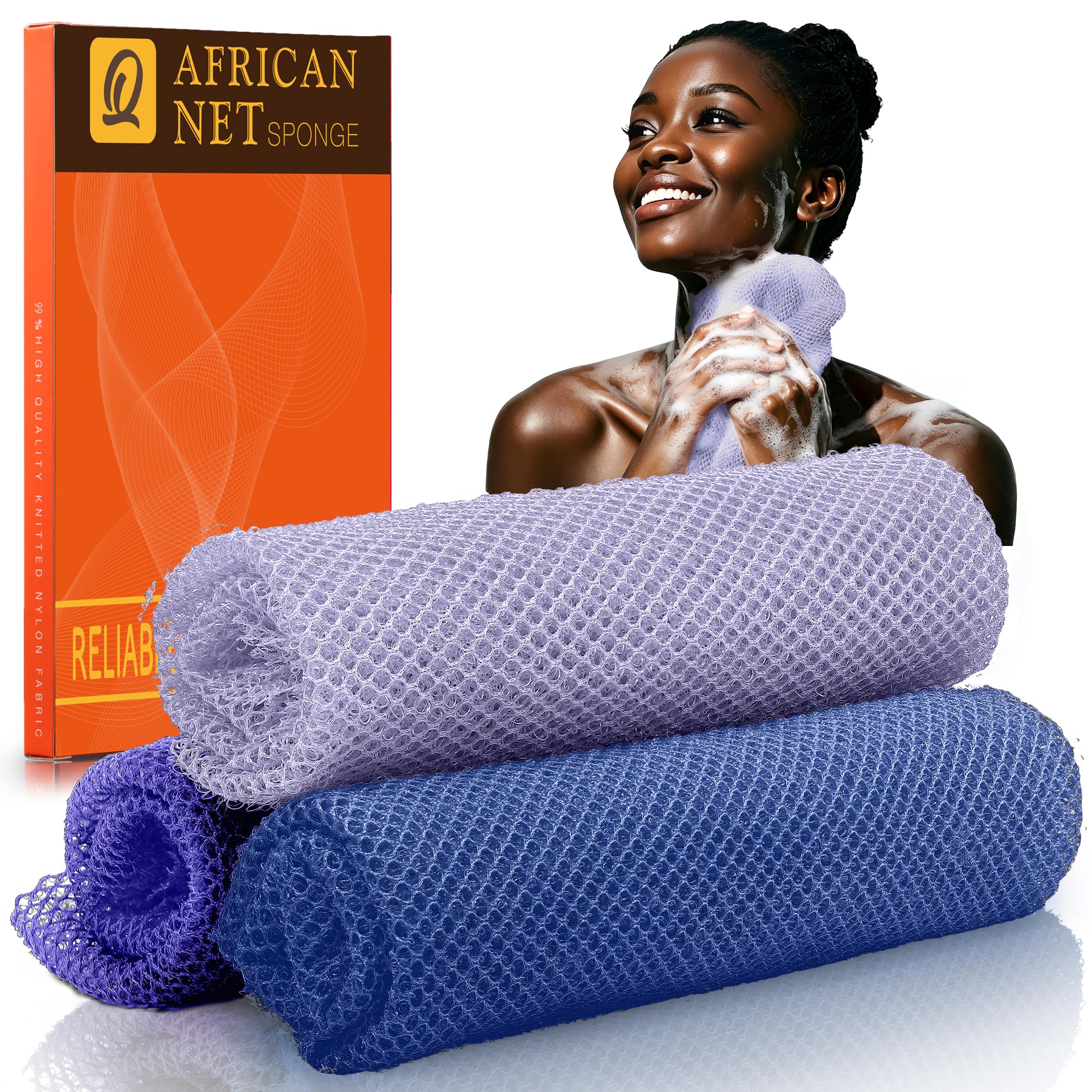 UJFQBH 3 Pieces African Bath Sponge African Net Long Net Bath Sponge Exfoliating Shower Body Scrubber Back Scrubber Skin Smoother,Great for Daily Use (Pink,Yellow,Purple)