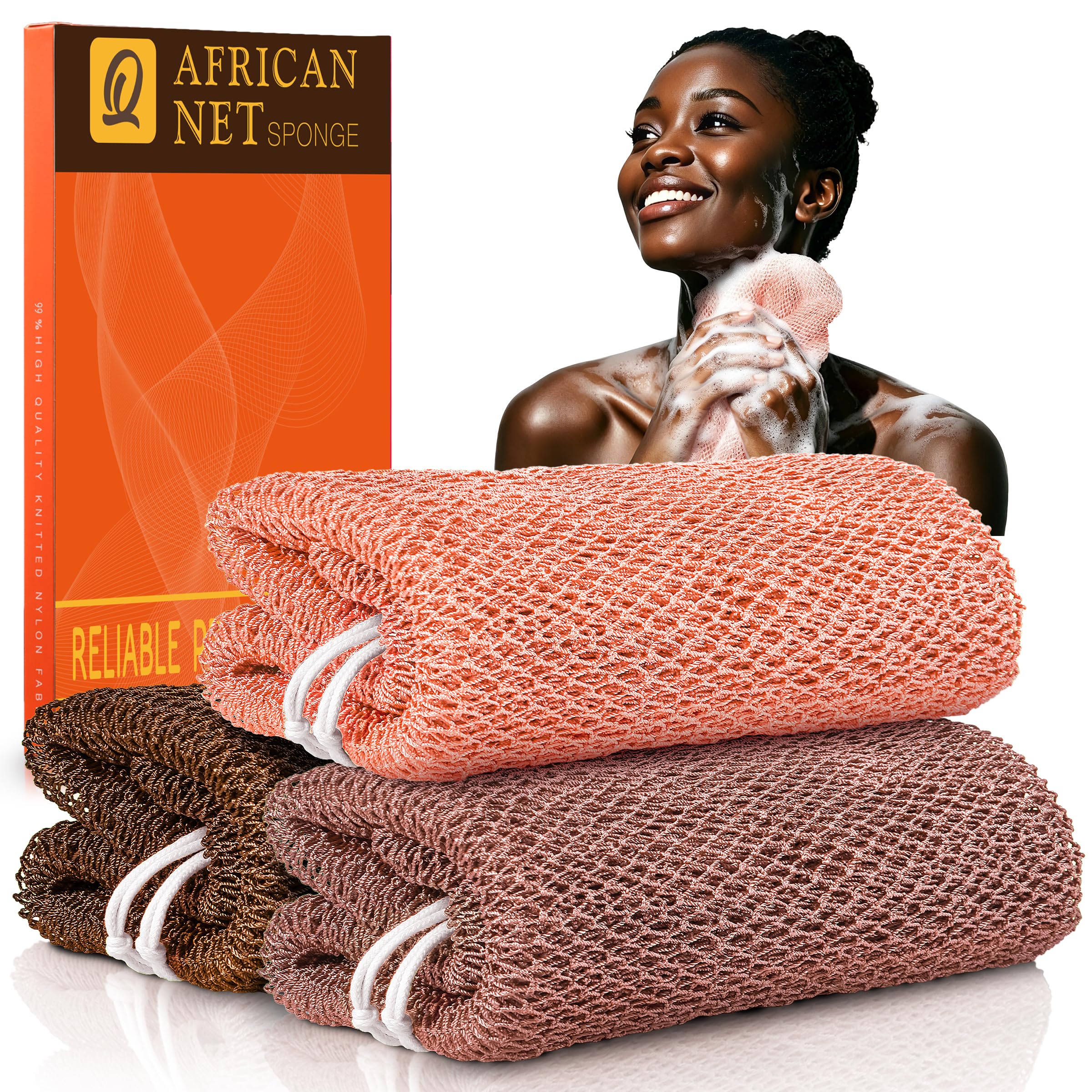 UJFQBH 3 Pieces African Bath Sponge African Net Long Net Bath Sponge Exfoliating Shower Body Scrubber Back Scrubber Skin Smoother,Great for Daily Use (Pink,Yellow,Purple)