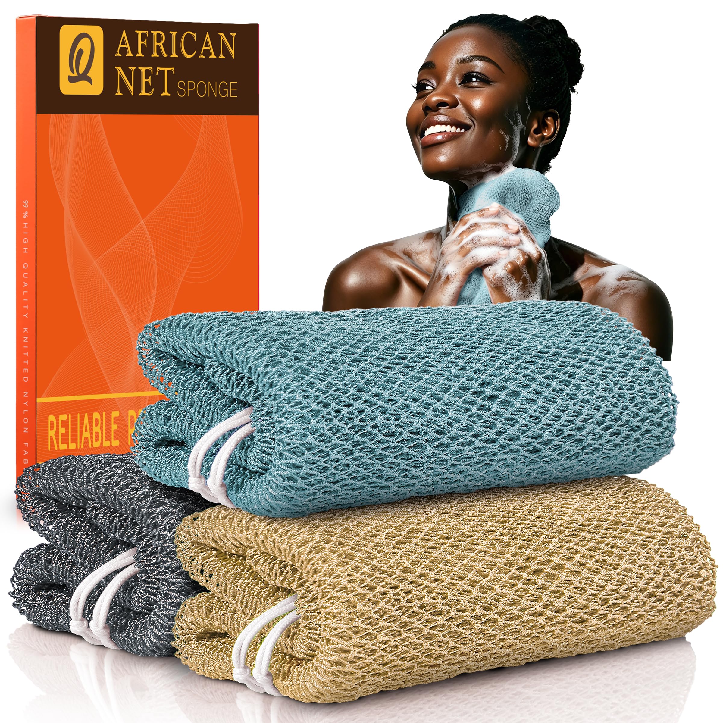 UJFQBH 3 Pieces African Bath Sponge African Net Long Net Bath Sponge Exfoliating Shower Body Scrubber Back Scrubber Skin Smoother,Great for Daily Use (Pink,Yellow,Purple)
